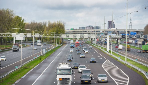 C-ITS-Corridor at highway A16 nearby Rotterdam with arrow warning trailers and VMS-trailers for Road Works Warning test